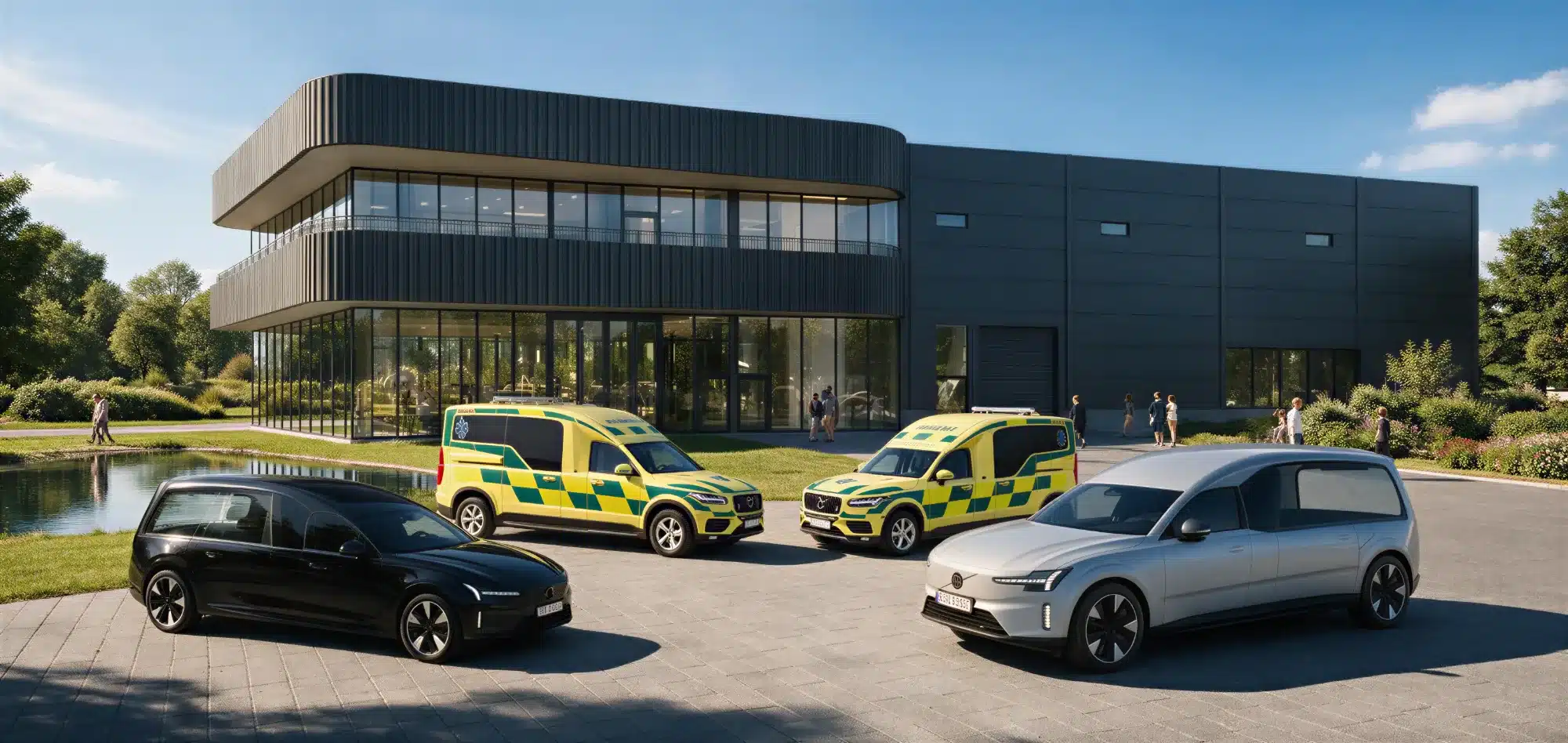 Nilsson ES90 begravningsbilar och ambulanser framför fabriken