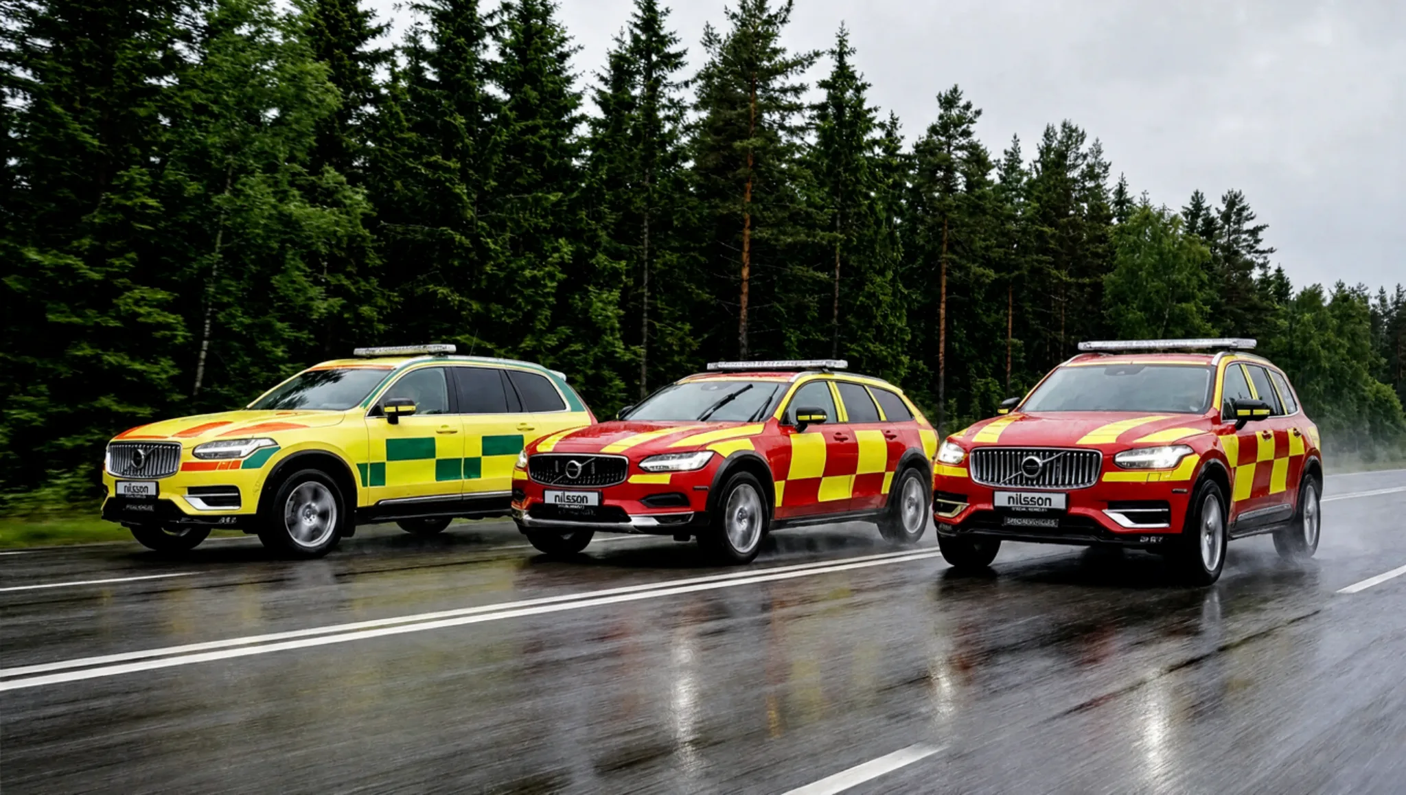 Tre Nilsson ledningsfordon på våt väg: XC90 för sjukvården, V90 Cross Country och XC90 för räddningstjänsten